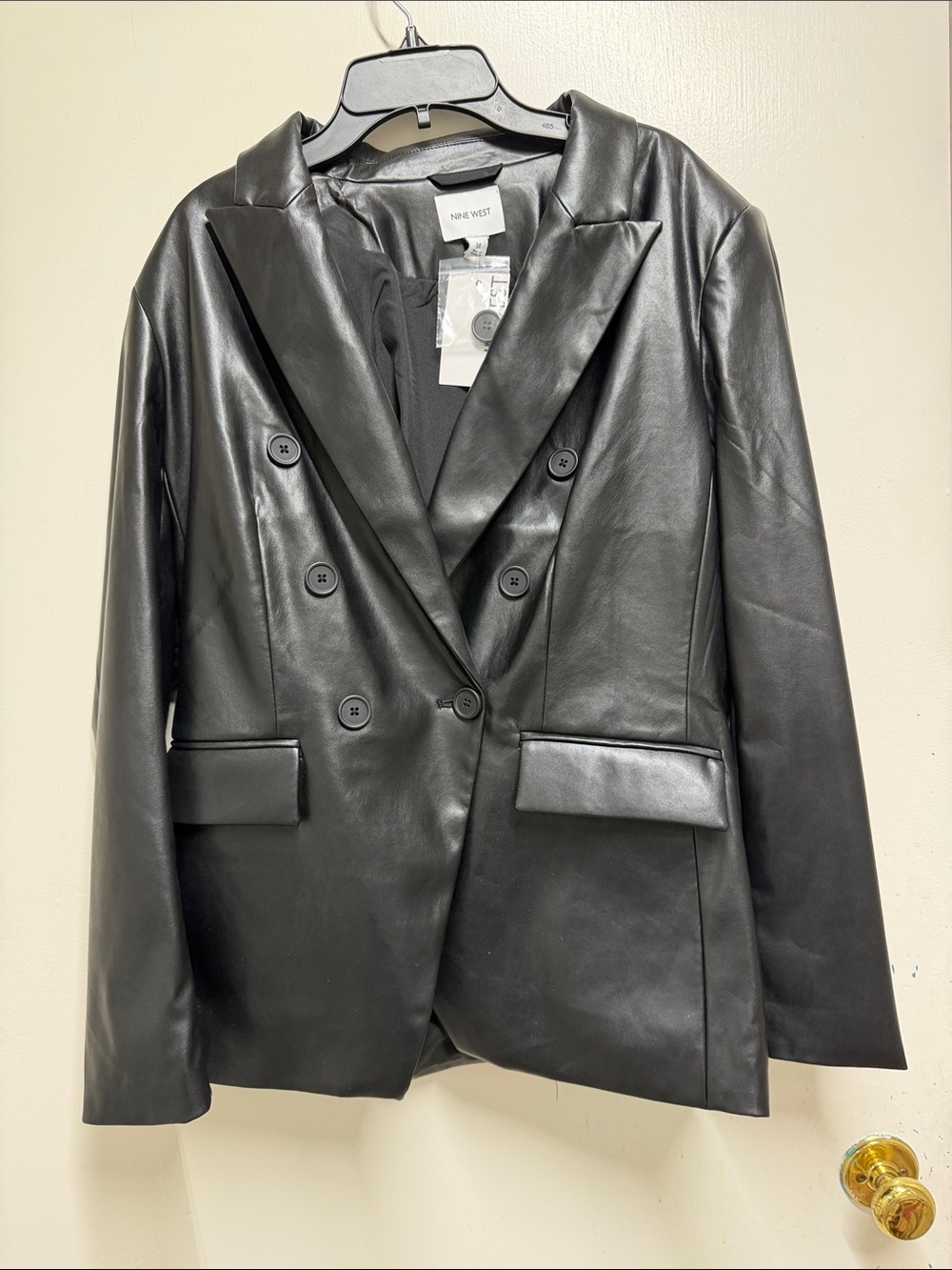 Nine West Black Faux Leather Double-Breasted Blazer Jacket